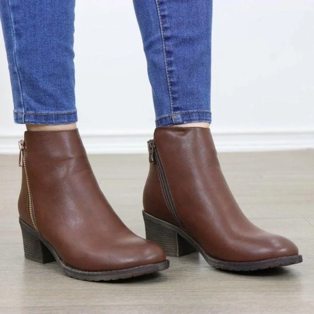 Brown Faux Leather Ankle Boots W/ Gold Zipper Block Heel - Picture 8 of 8